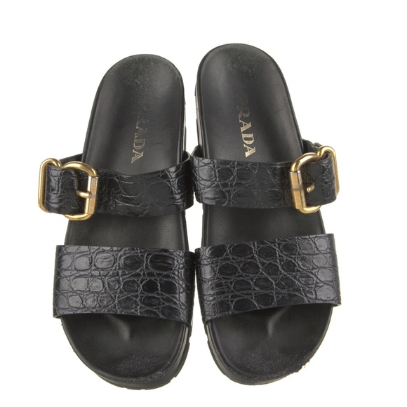 Prada black croc texture sandals gold buckle - Picture 1 of 6